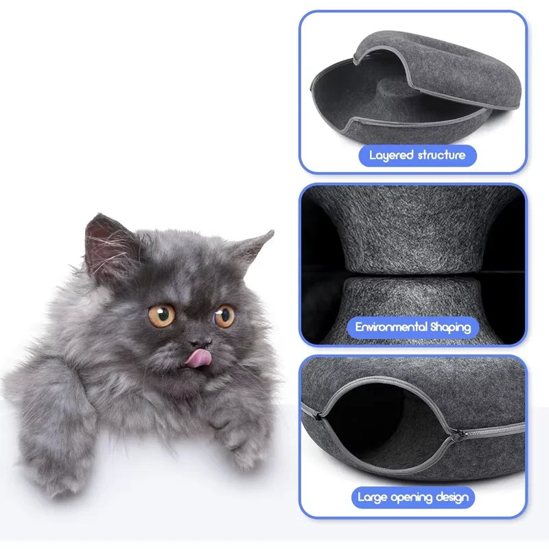 Cozy Cat Tunnel Bed features layered structure, environmental shaping, and large opening design for a playful cat nook.