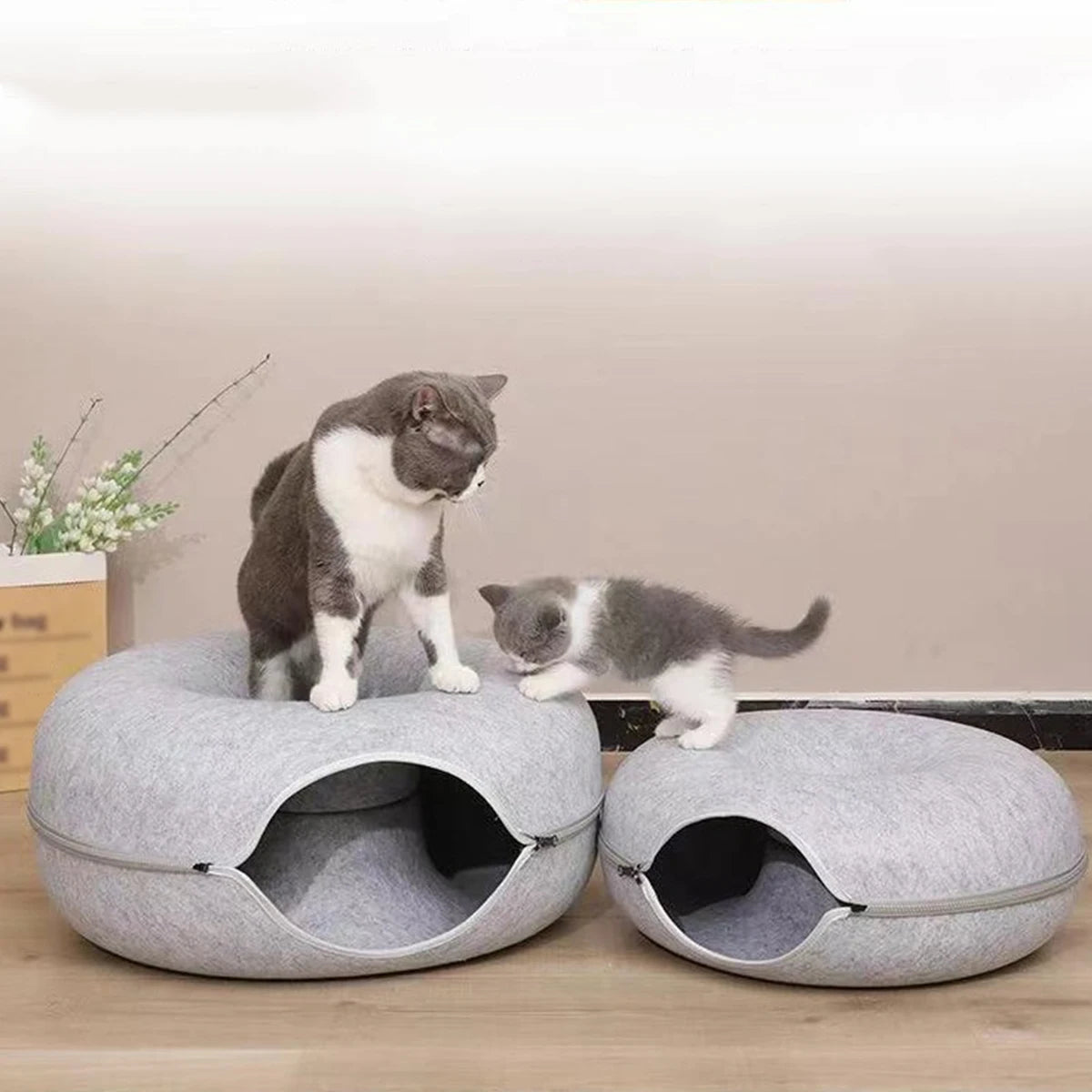 Cozy Cat Tunnel Bed featuring playful cats enjoying a soft, cozy design that also serves as a scratcher.