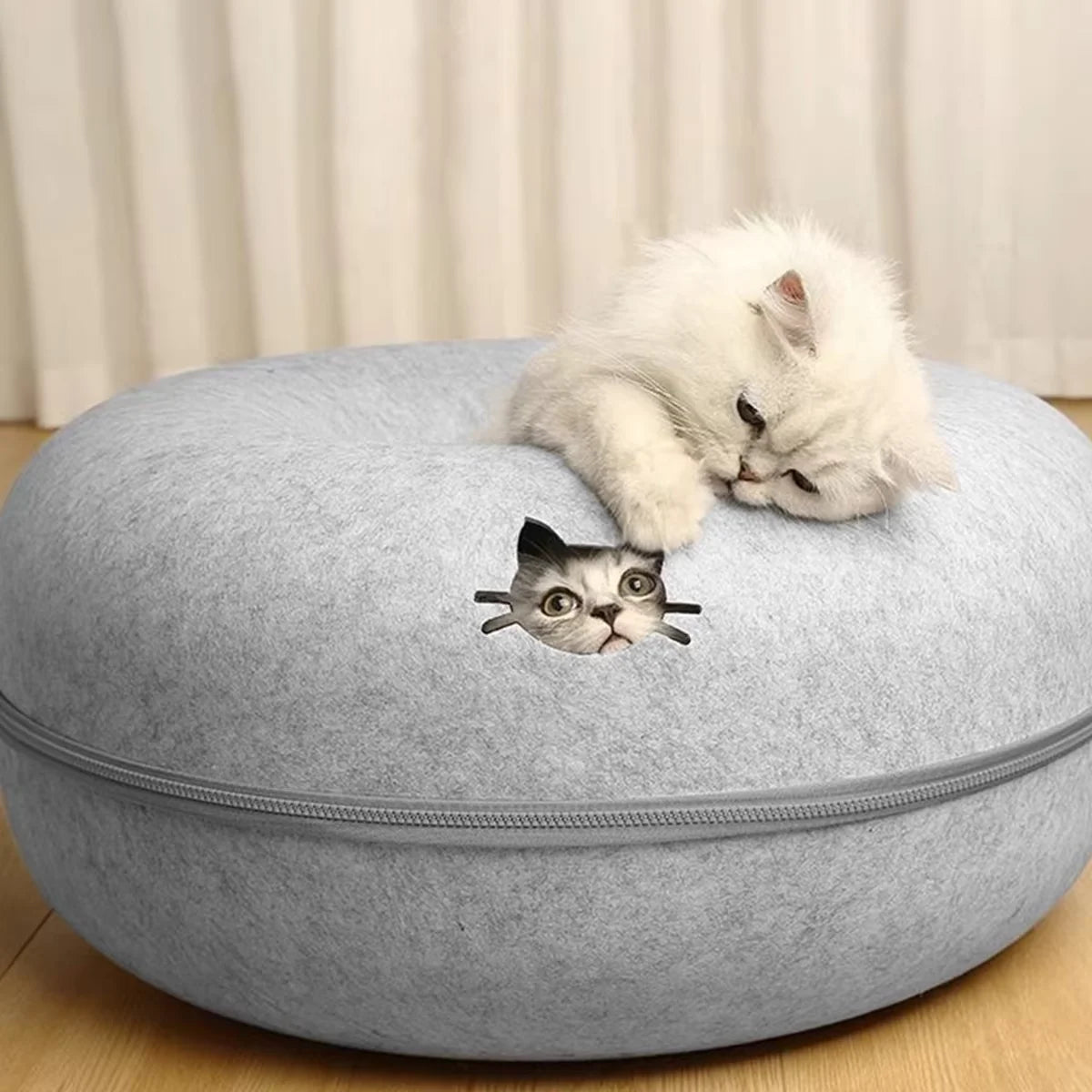 Cozy Cat Tunnel Bed featuring a playful cat enjoying its cozy nook and scratching spot.