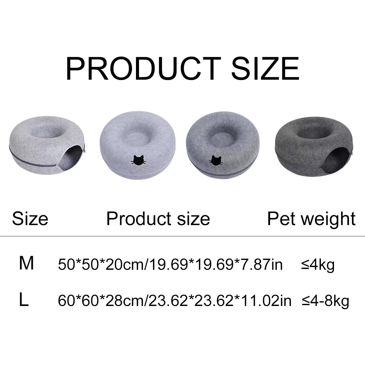 Cozy Cat Tunnel Bed product size and pet weight specifications for M and L sizes.